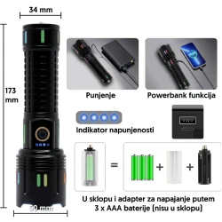 LED Baterijska Lampa Domet 1000 m, TG LED, 9800 mAh, Šiljak za Razbijanje Stakla