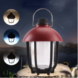 Prenosna Punjiva LED Kamping Lampa 3 Boje, Metalna Drška, Crvena