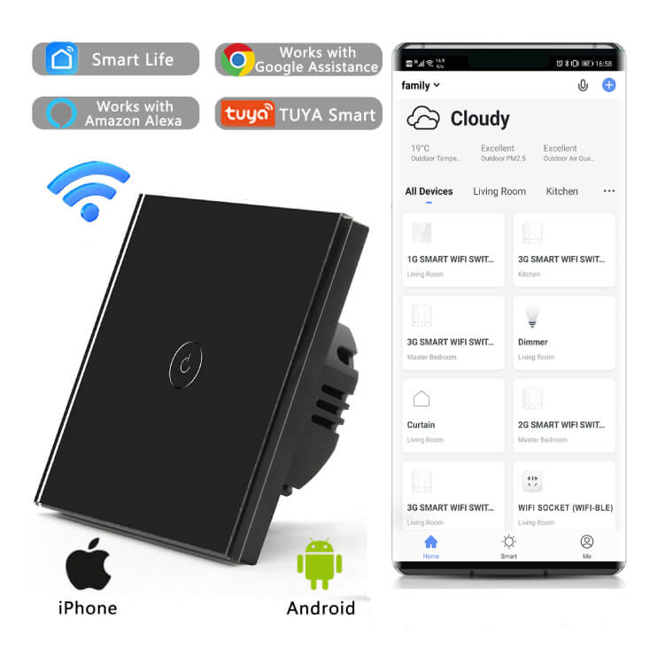 Wi-Fi smart prekidač svetla bez N provodnika 10A crni - Ostala oprema