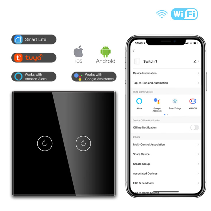 Wi-Fi smart prekidač svetla bez N provodnika 2x10A crni - Ostala oprema