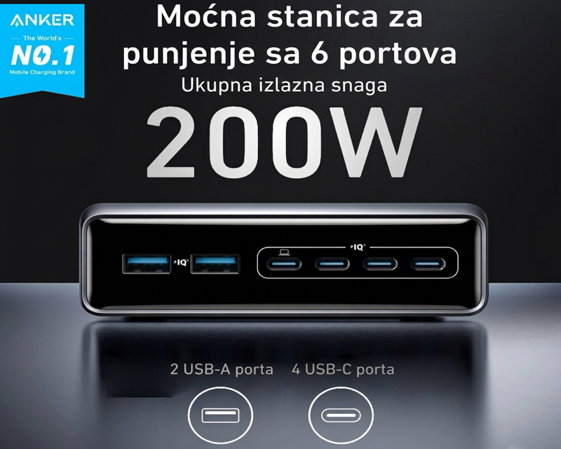 Anker 200W GaN punjač sa 6 portova (MOB03323)