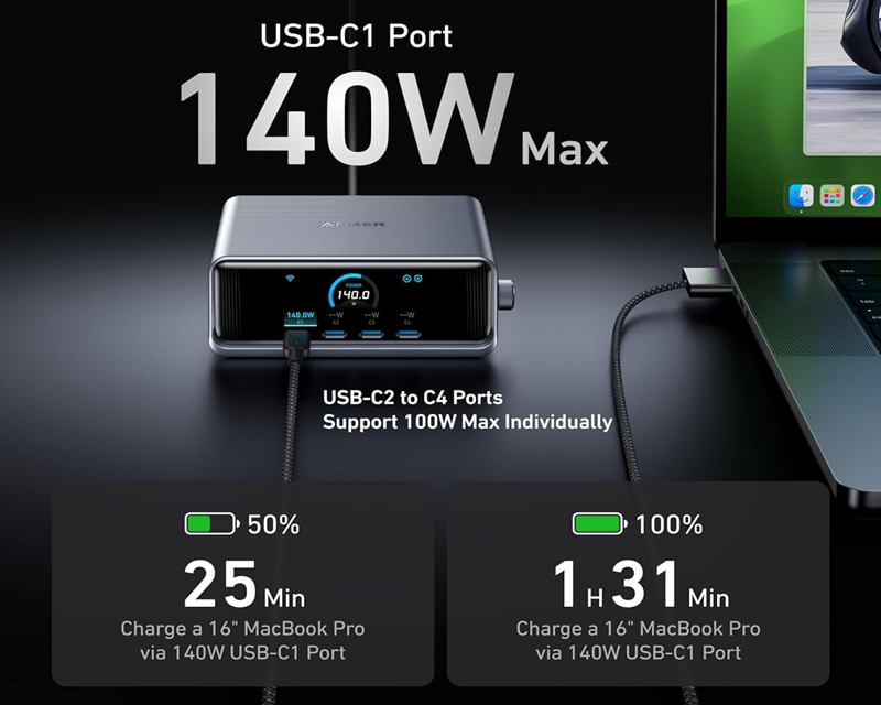 Anker 250W GaN punjač sa ekranom i 6 portova (MOB03340)