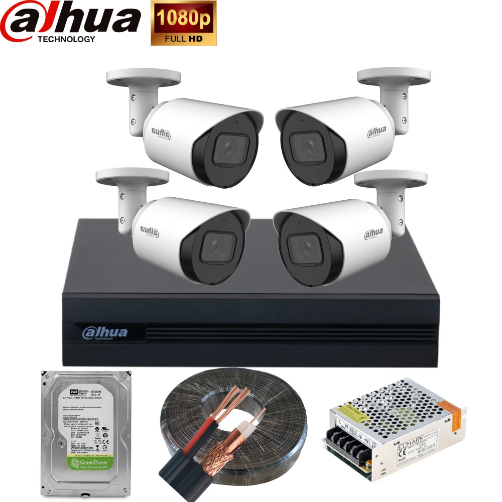 Komplet za video nadzor sa 4 Dahua Bullet kamere 1080p — DVR + HDD + Kabal + Napajanje - Kompleti za video nadzor