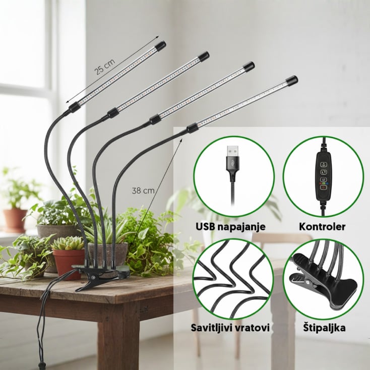 Četvorostruka lampa za biljke 16W, štipaljka - Lampe za biljke