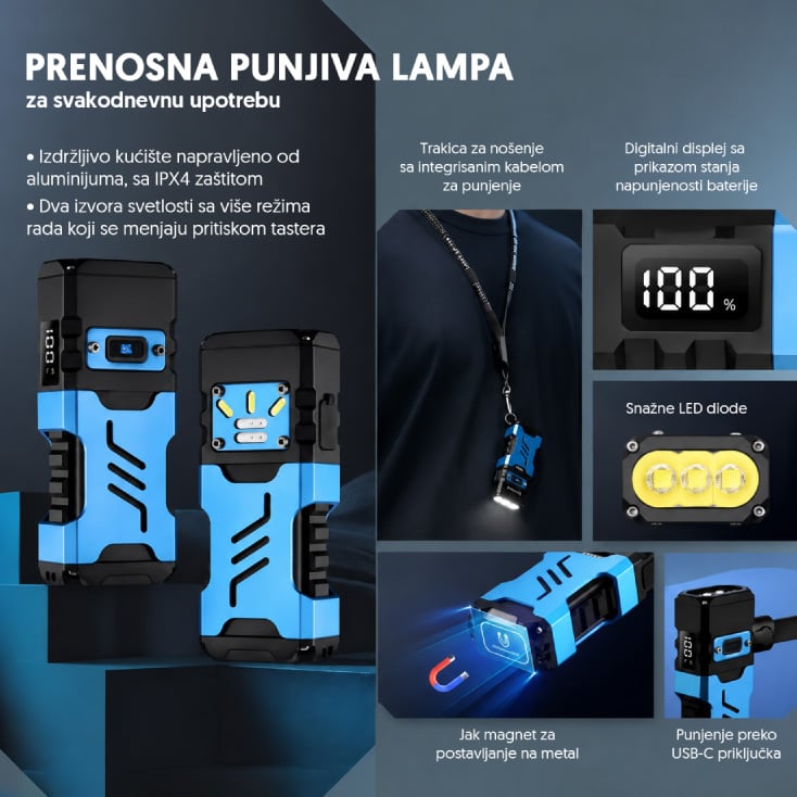 Kompaktna LED Lampa P50 plus COB, 5000 lm, Više Režima sa Crvenim Svetlom, Magnet, USB-C - Led lampe na baterije