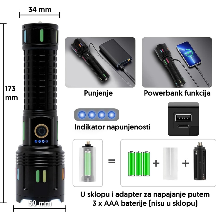 LED Baterijska Lampa Domet 1000 m, TG LED, 9800 mAh, Šiljak za Razbijanje Stakla - Led lampe na baterije