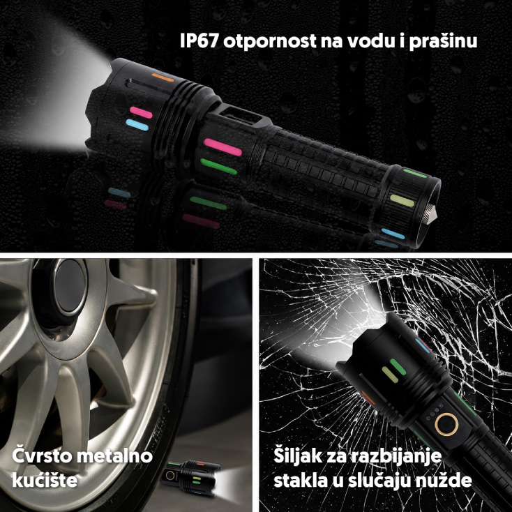 LED Baterijska Lampa Domet 1000 m, TG LED, 9800 mAh, Šiljak za Razbijanje Stakla - Led lampe na baterije