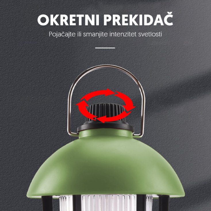 Prenosna Punjiva LED Kamping Lampa 3 Boje, Metalna Drška, Zelena - Led lampe na baterije